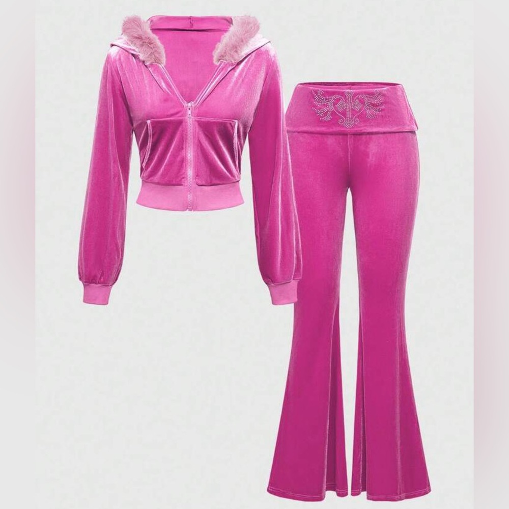 Velvet Cropped Hoodie And Low-Rise Flare Pants 2 Pieces Set new w/ tags
